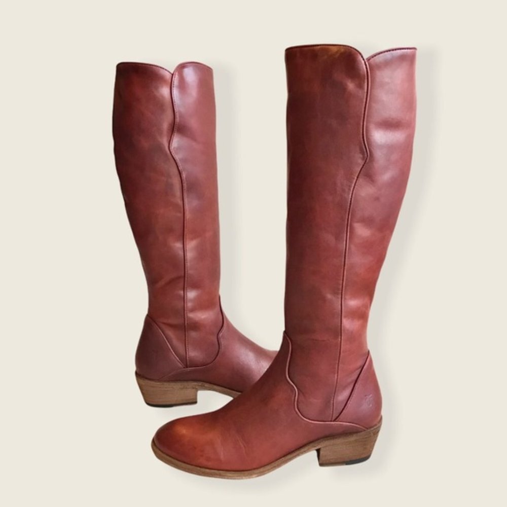 $429 Frye Carson Piping Redwood Mahogany Brown Real Leather Tall Riding Boot - Picture 8 of 13